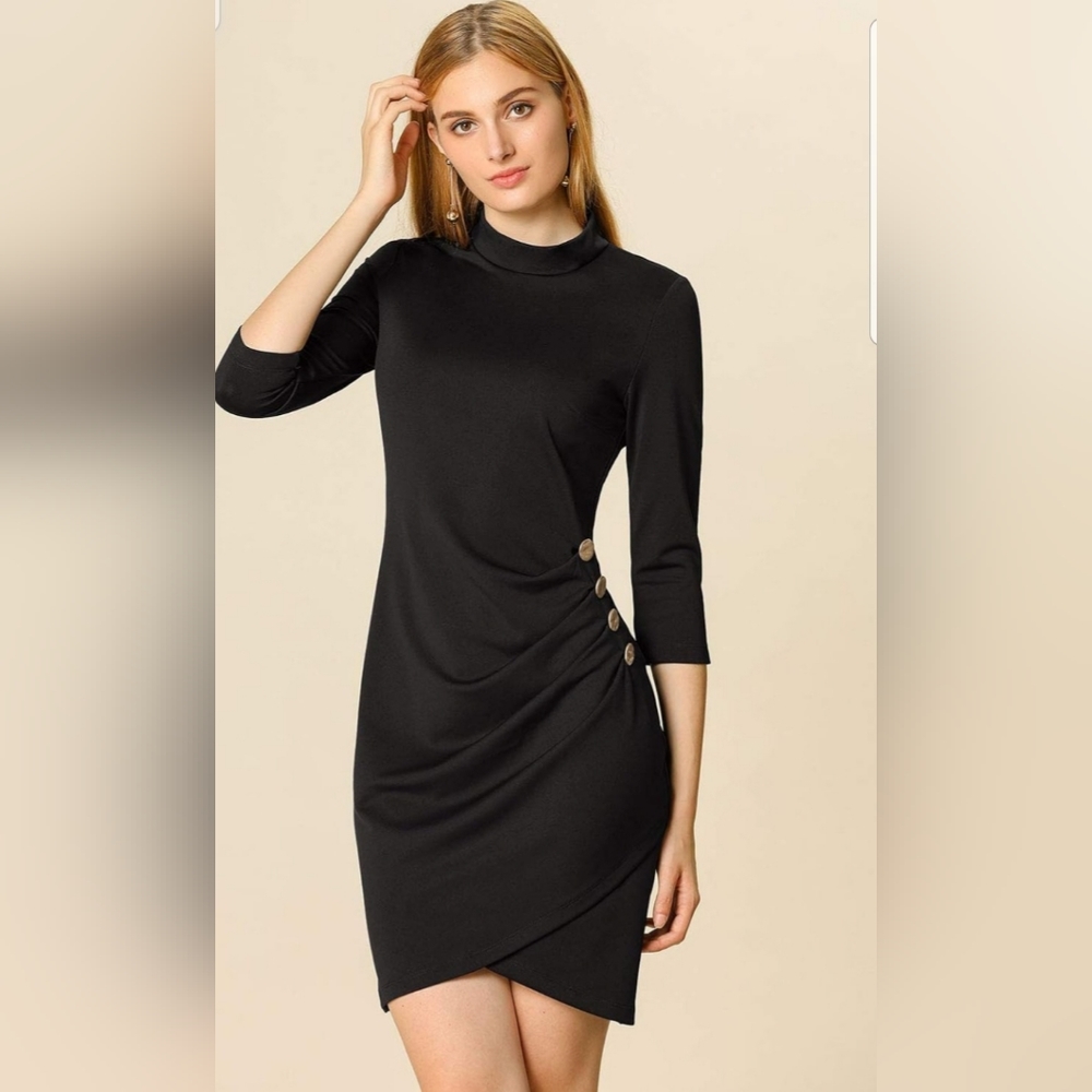Allegra K Women's Mock Neck 3/4 Sleeve Bodycon Shirred Stretchy Sheath Dress